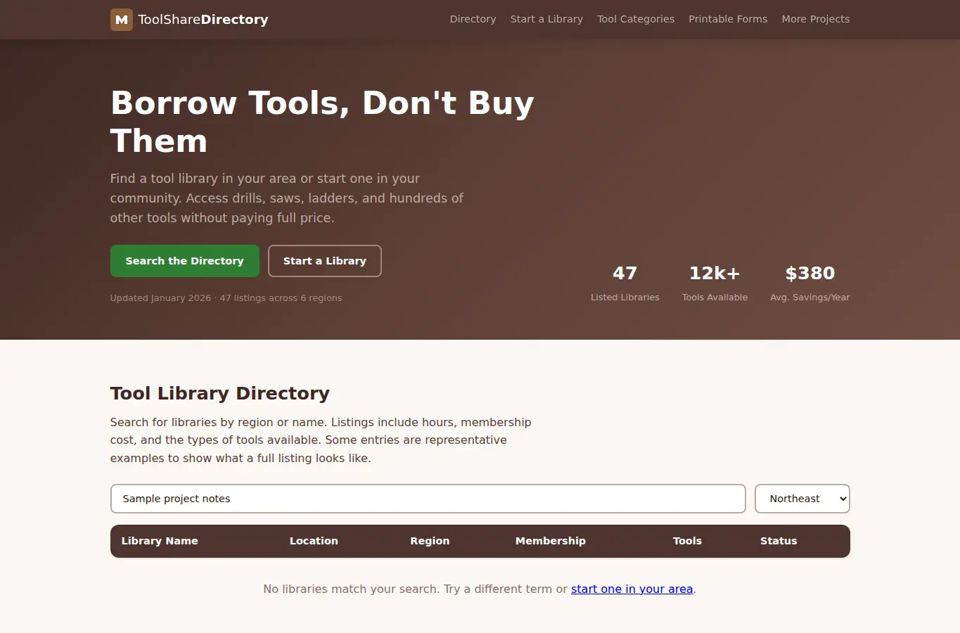 Screenshot of Tool Library Sharing Directory interface showing the project page in use